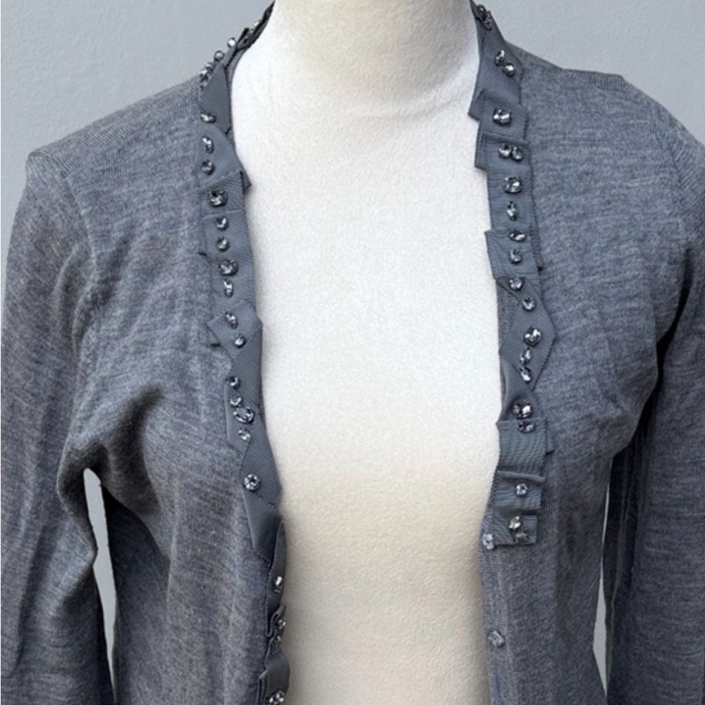 ELIE TAHARI Gray Wool Embellished Cardigan Ribbon Jewel Beaded Sweater Medium